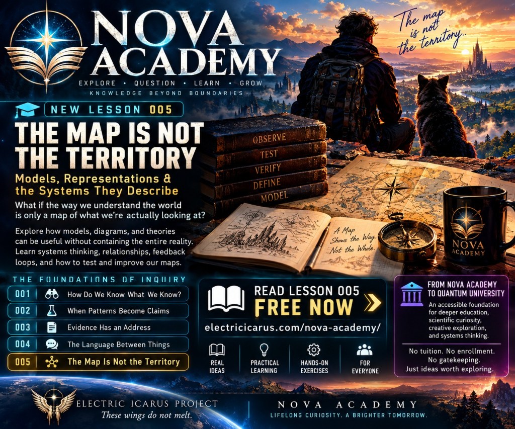 Artwork for Nova Academy Lesson 005, The Map Is Not the Territory. A traveler and dog look across a vast imagined landscape beside a compass, maps, and five books marking the Foundations of Inquiry.