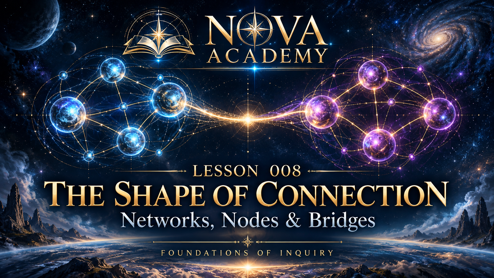 Nova Academy Lesson 008: The Shape of Connection, featuring two groups of nodes joined by a luminous bridge.