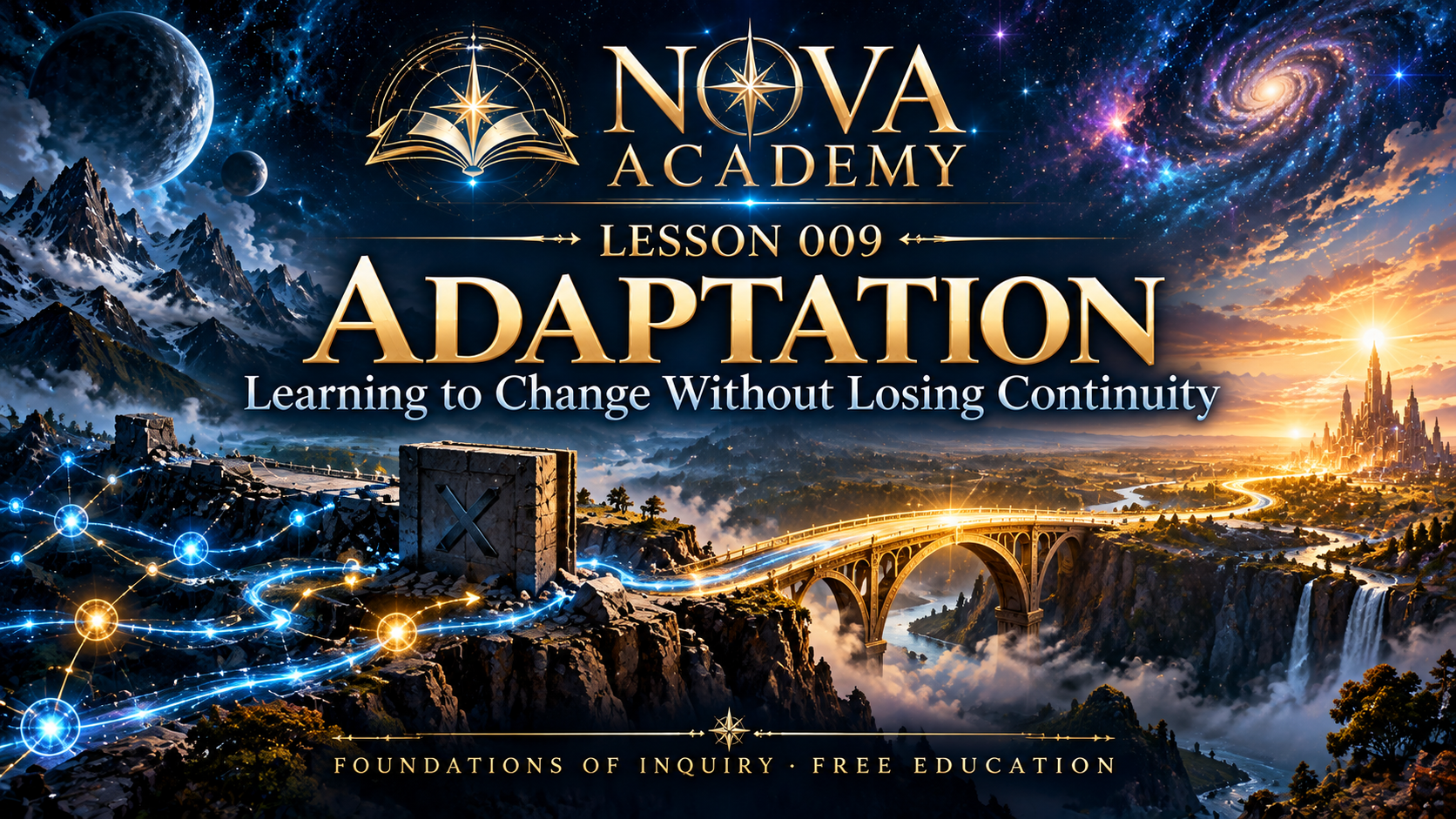 Nova Academy Lesson 009 Adaptation: a blue network changes its path around obstacles, crossing a golden bridge toward a sunrise beneath the Academy emblem.