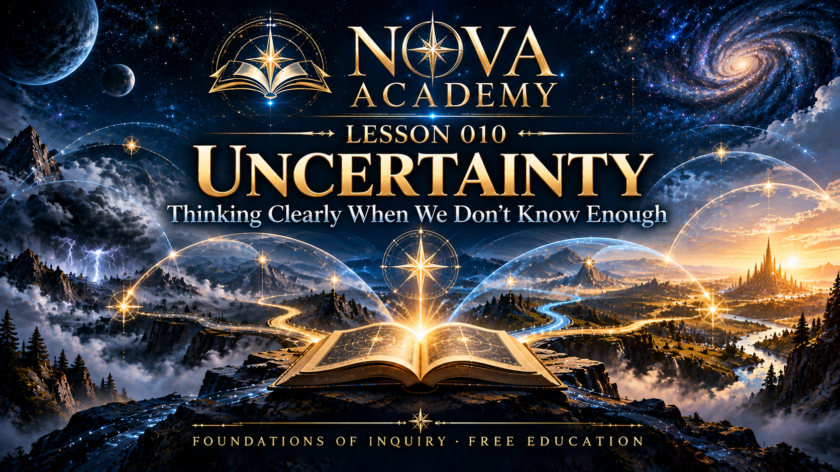 Nova Academy Lesson 010 Uncertainty: an open golden book and star beneath branching blue-and-gold paths across a cosmic landscape.