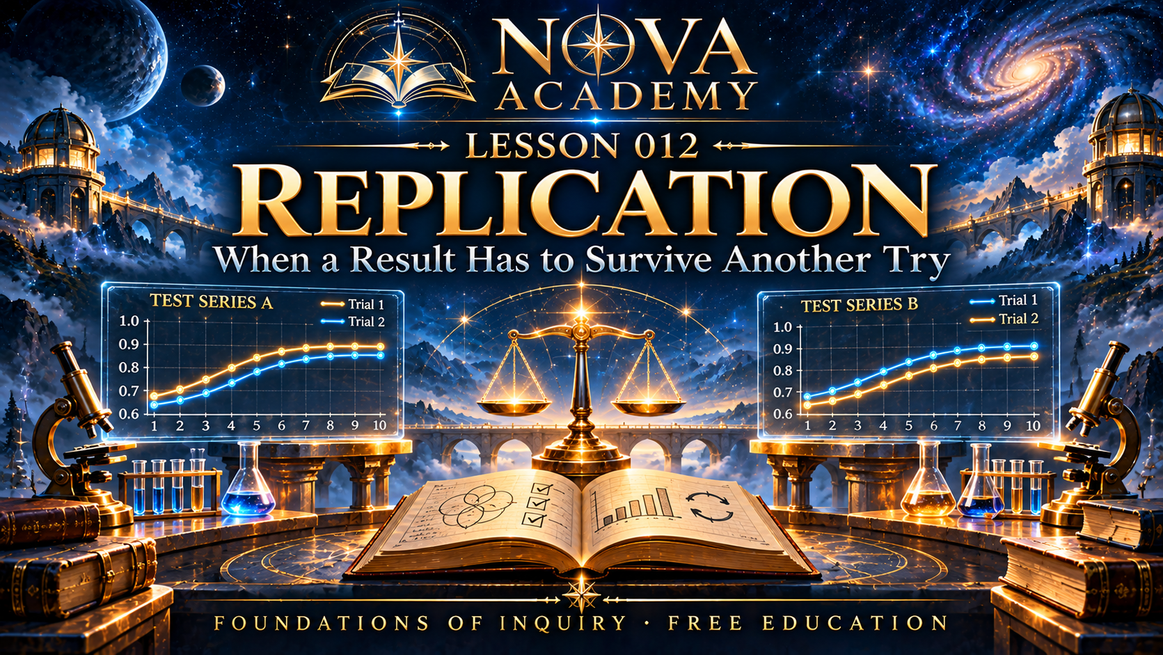 Nova Academy Lesson 012 cover: a star and open book above mirrored scientific charts and instruments, representing the process of revisiting an experimental result.