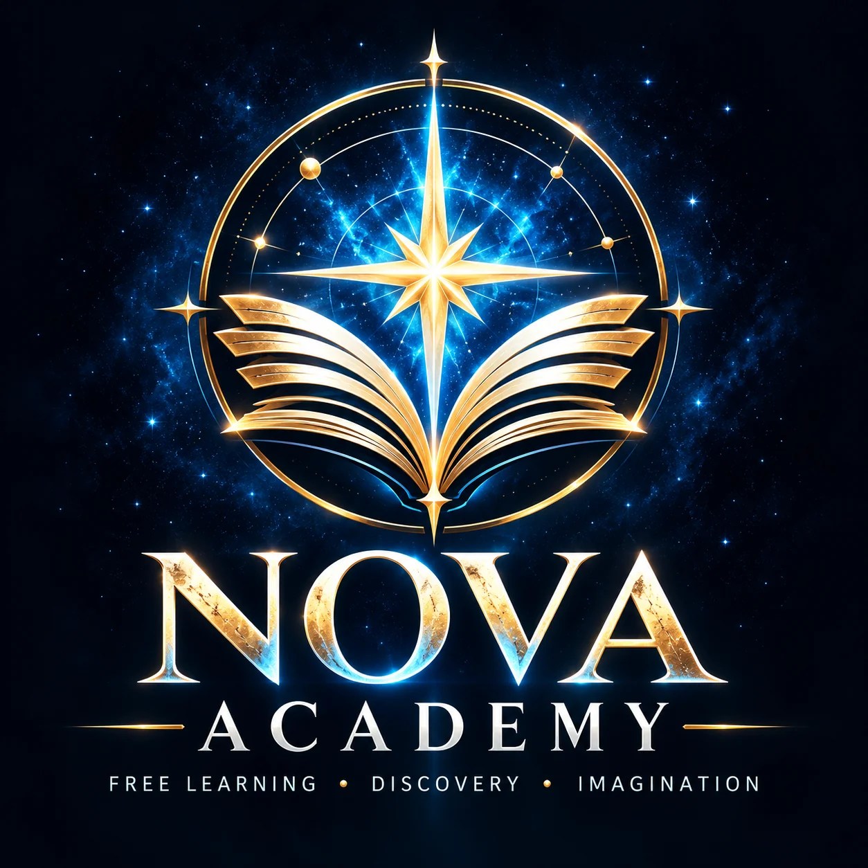 Official Nova Academy logo: a golden open book beneath a brilliant guiding star, above the words Nova Academy and Free Learning, Discovery, Imagination.