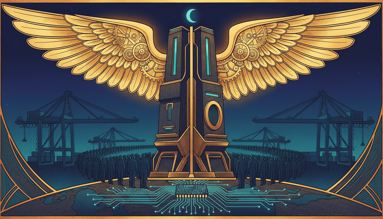 Golden Icarus wing over a bureaucratic queue machine, ballot box, cargo port and cyan network lines in a dark navy editorial illustration