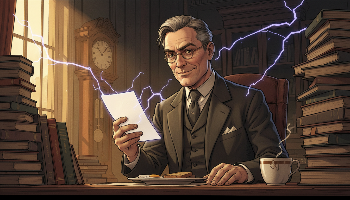 Dr. Locke examines a death invoice over his breakfast coffee.