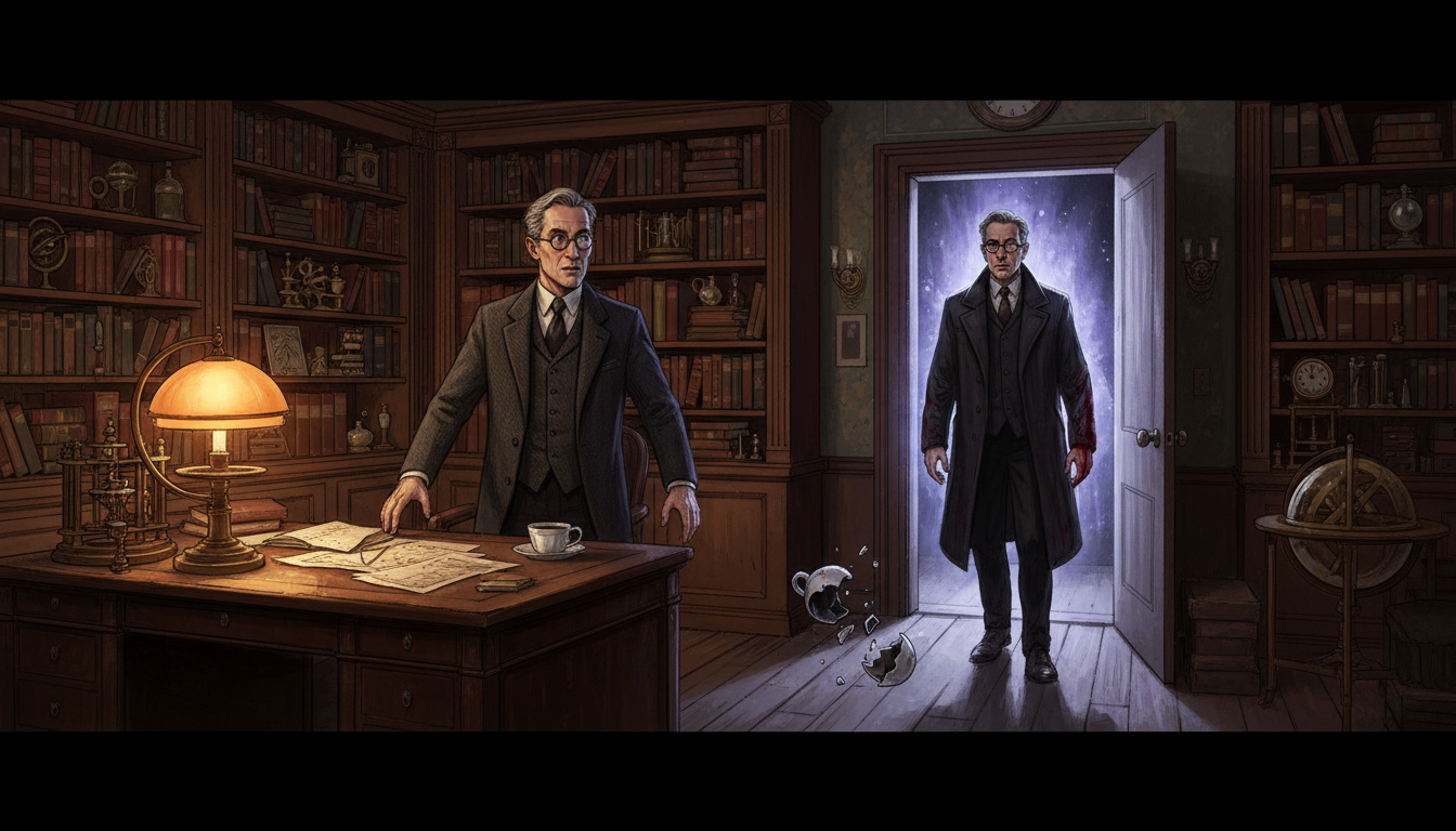 A second, identical Dr. Elias Locke enters the study with a bloodstained sleeve.