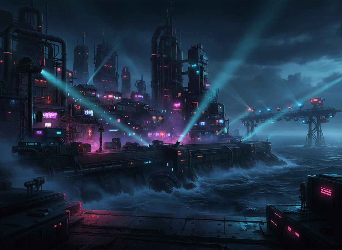 Dark industrial island arena under neon floodlights as a reality-consuming fog rolls in.