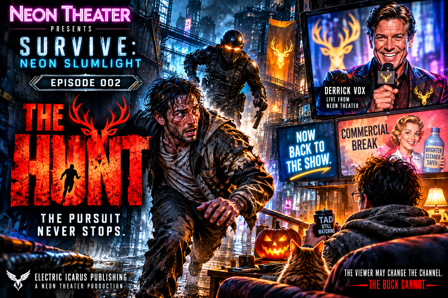 Neon cyberpunk promotional poster for Episode 002 The Hunt, featuring Milo fleeing his pursuer, Derrick Vox, and Tad watching television