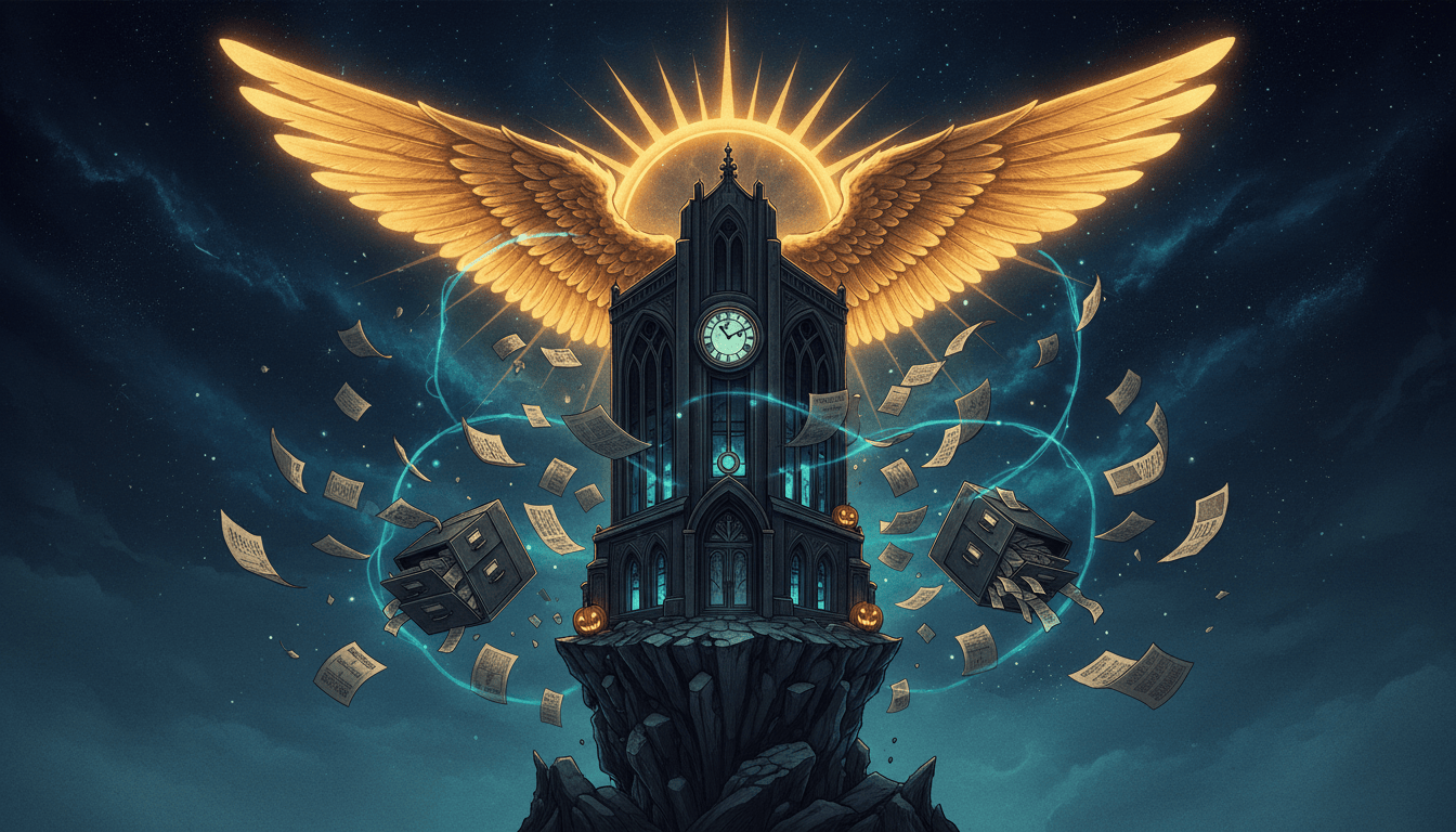 Golden Icarus wing above a haunted government office with ghostly receipts, a grandfather clock, pumpkins and cyan network lines against a navy sky
