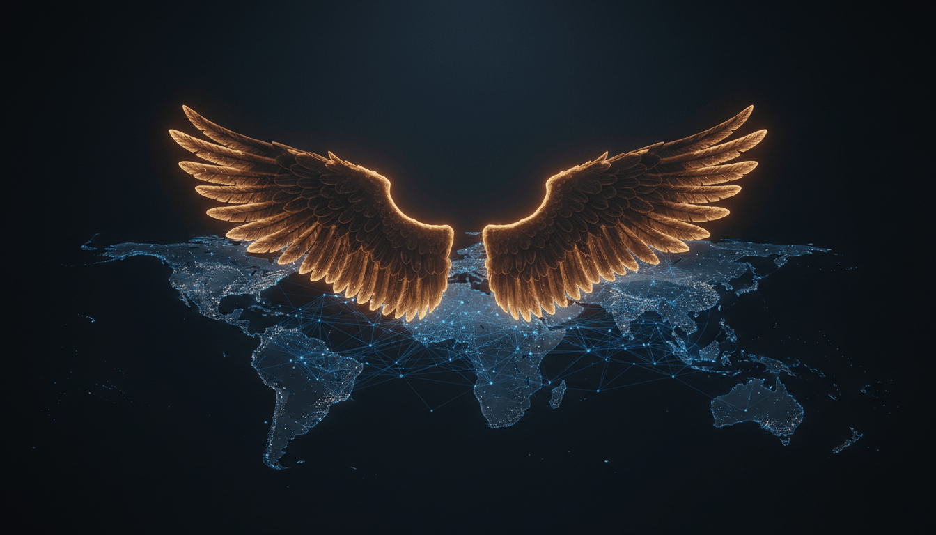 Golden Icarus wings above a glowing electric-blue network representing interconnected institutions and technology.