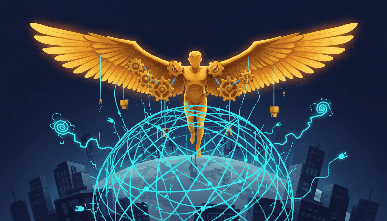 Golden Icarus wings hover above tangled electric-blue global networks, illustrating authority and access.