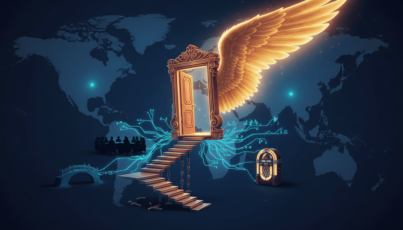 Golden Icarus wing arcs above a floating open doorway and unfinished staircase, with cyan networks connecting diplomacy, music and civic life.