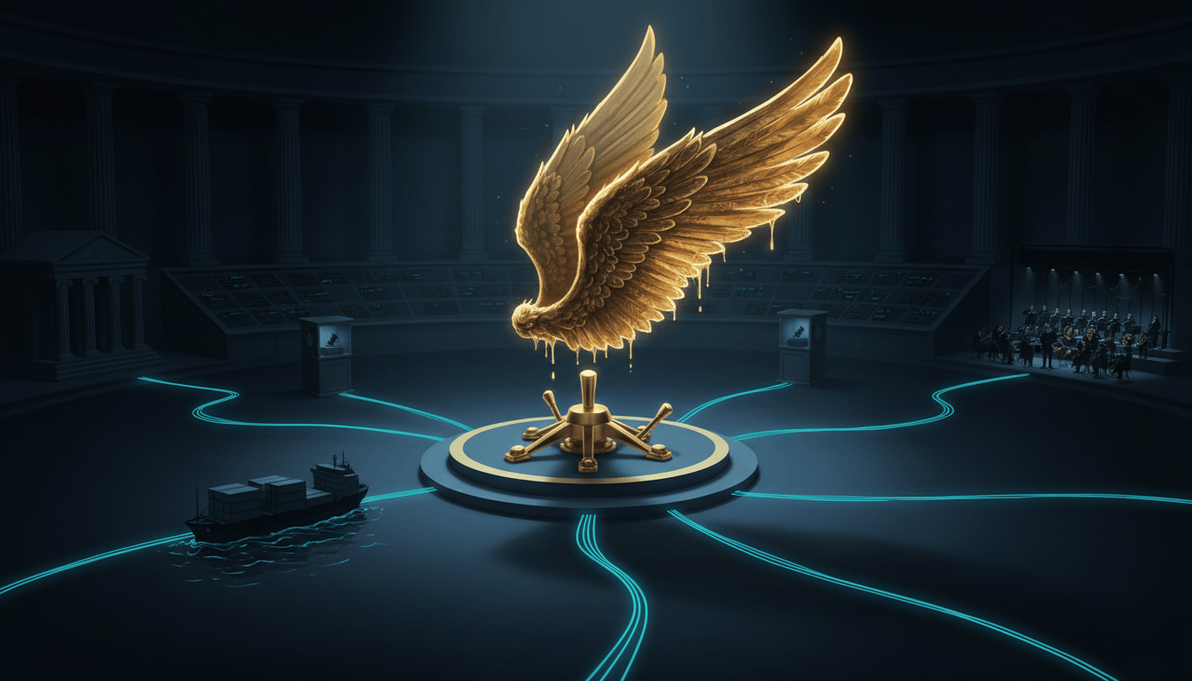 A golden Icarus wing above a brass control switch, with cyan network lines linking a courthouse, voting booth, cargo ship and orchestra.