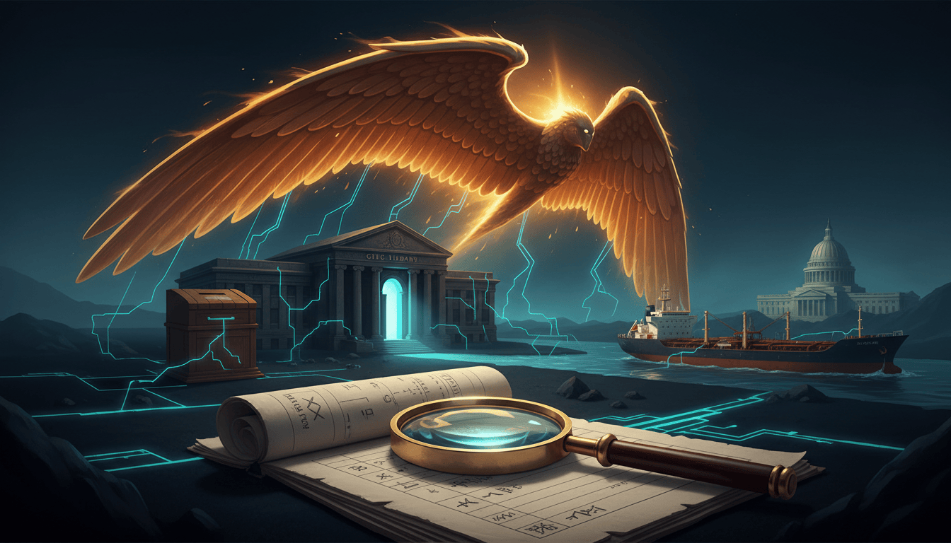 A golden Icarus wing arcs over a magnifying glass and ledger, with cyan network lines connecting a library, ballot box, oil tanker and civic buildings on a dark navy horizon.