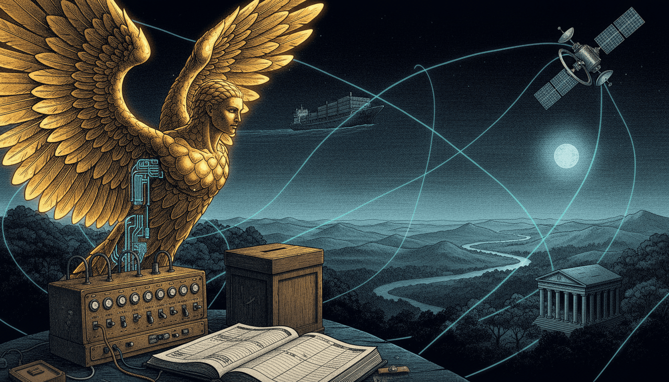 A luminous golden Icarus wing beside a brass switchboard and ledger, with cyan network threads linking a satellite, cargo ships, ballot box and Arkansas hills under a midnight-blue sky.