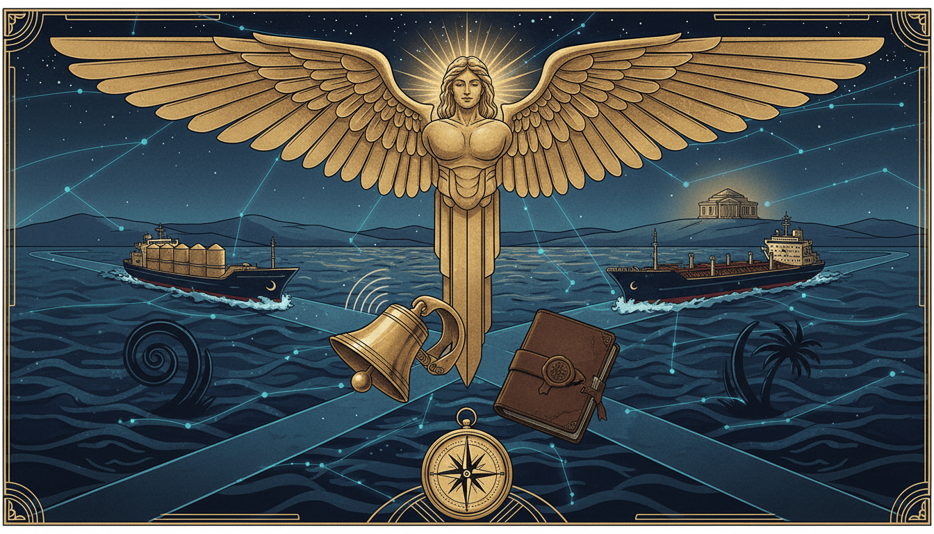 Golden Icarus wing above a maritime crossroads, with cargo ships, a safety bell, a civic polling place in the Ozarks and cyan network lines against a dark navy sky.