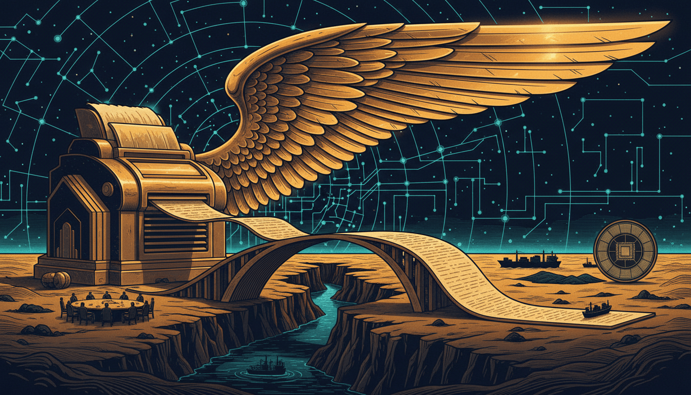 A luminous golden Icarus wing over a brass receipt printer, with a ribbon bridging a river and cyan networks connecting ships, diplomacy, Arkansas and technology.