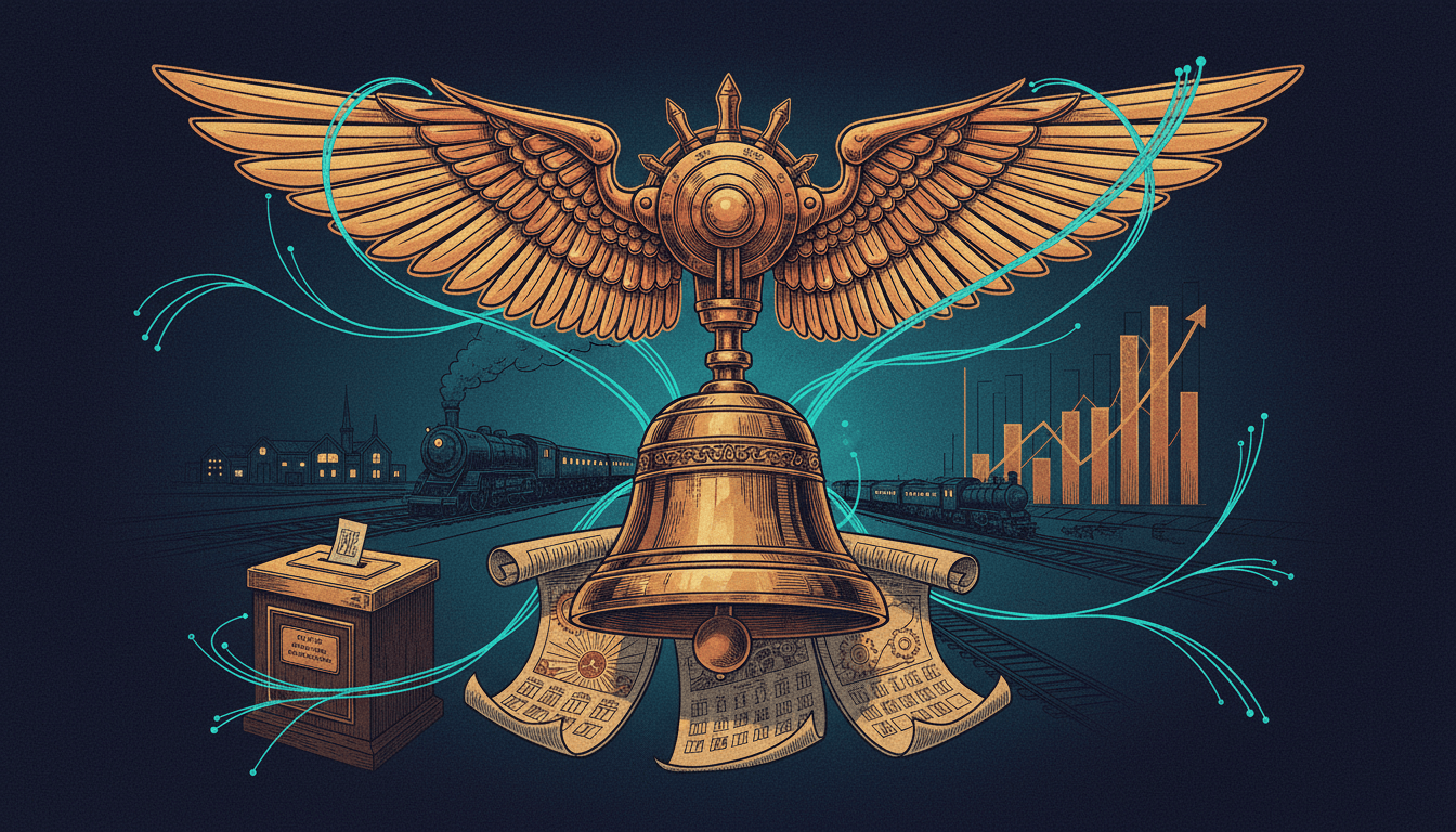 Golden Icarus wing above a brass emergency meeting bell and calendar, with cyan network lines, a railway and civic ballot box against a dark navy sky