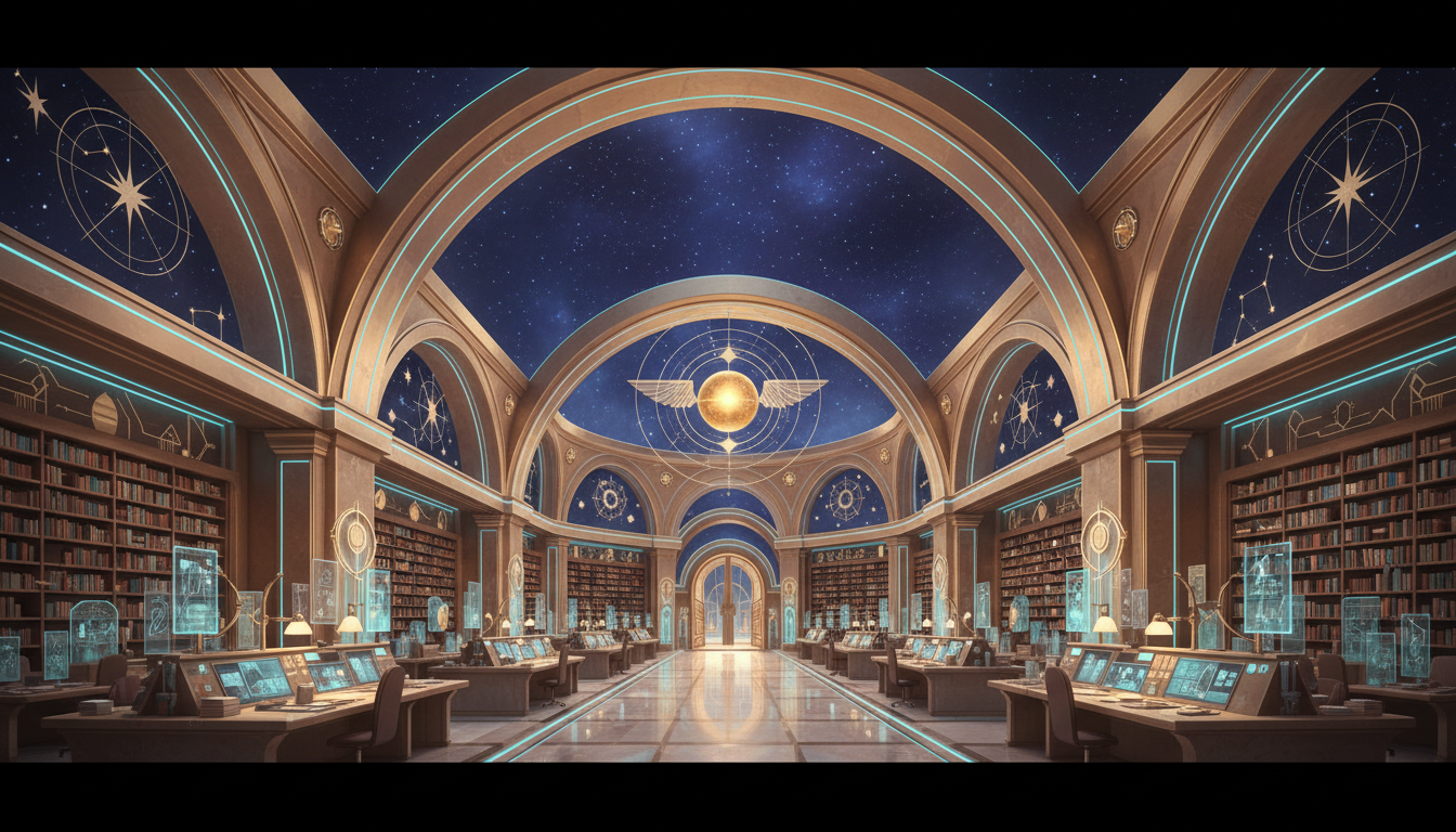 Golden cosmic library and university atrium with observatory architecture under a star-filled sky.