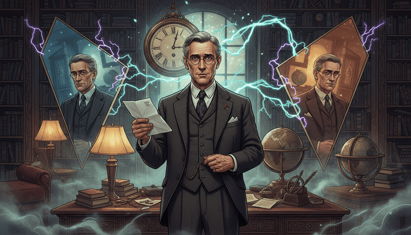 Dr. Elias Locke stands in his study before two eerily identical reflections of himself and a luminous fractured clock.