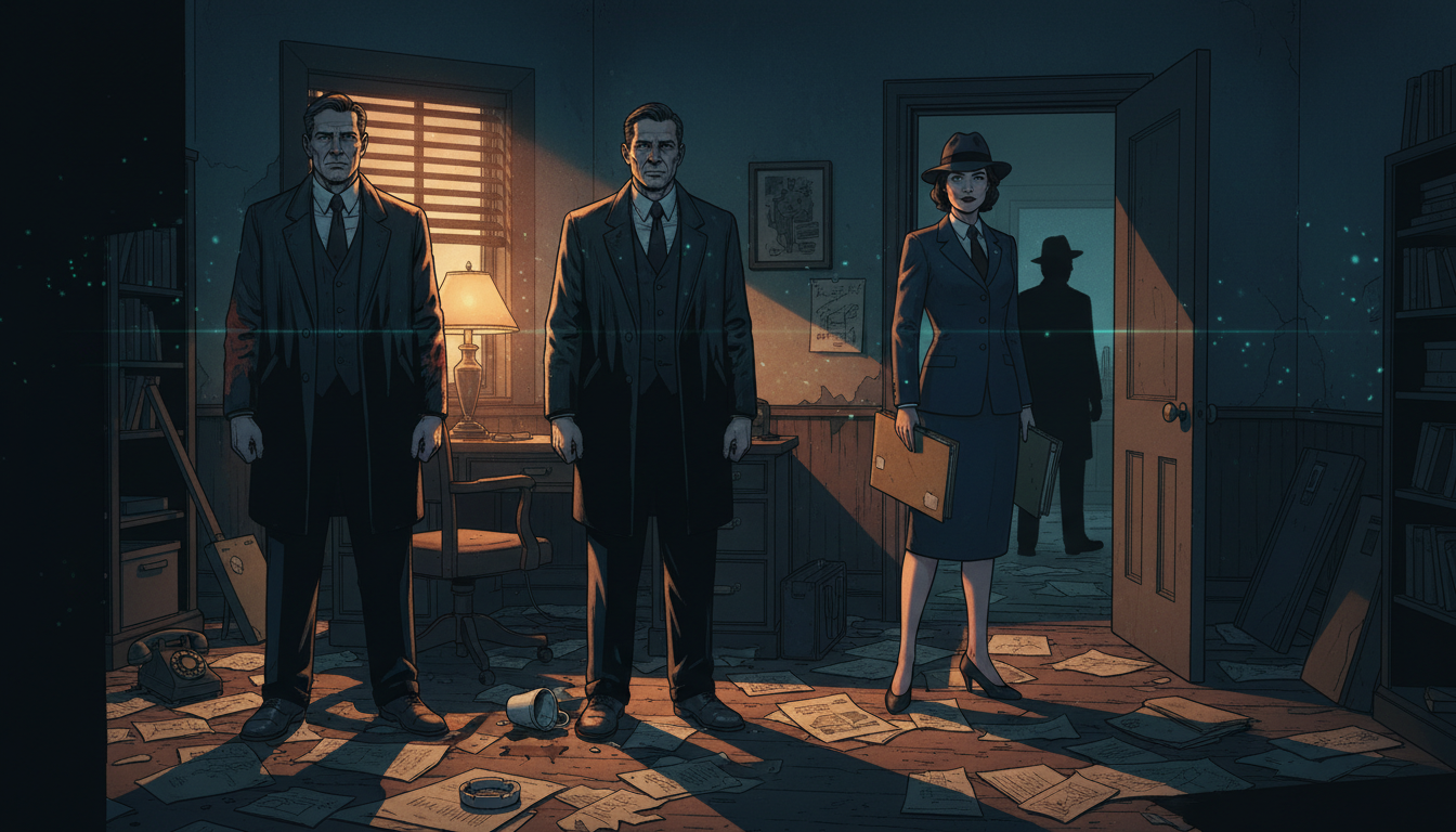 Two Dr. Elias Lockes face an Agency visitor in a noir office; a mirror reflects an impossible third silhouette.