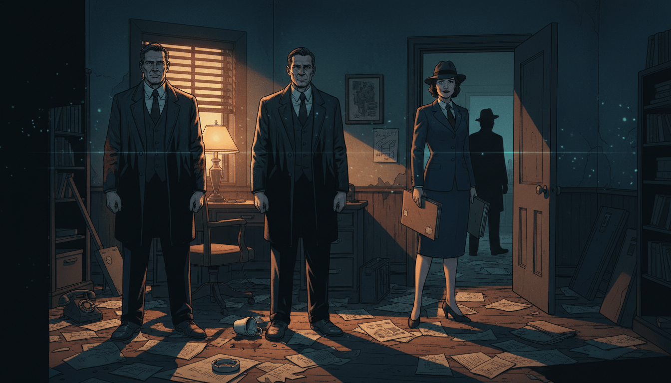 Two Dr. Elias Lockes face an Agency visitor in a noir office; a mirror reflects an impossible third silhouette.