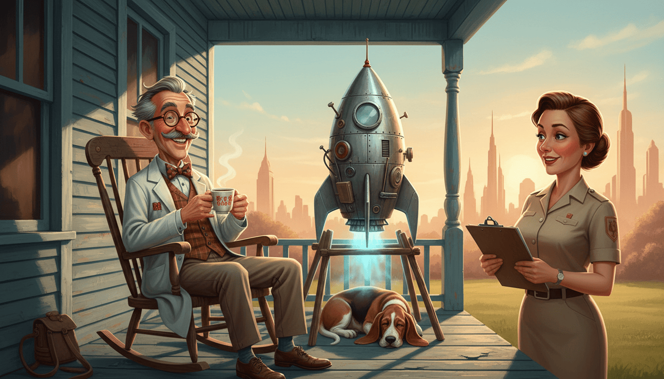 Retro sci-fi illustration of Dr. Elias Locke on his porch beside a tiny homemade rocket, a sleepy dog, and a clipboard-carrying inspector.