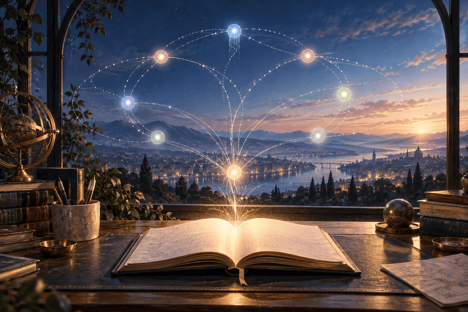 An open journal at dawn sends seven connected lights across a landscape, representing a weekly continuity practice becoming a public publishing network.